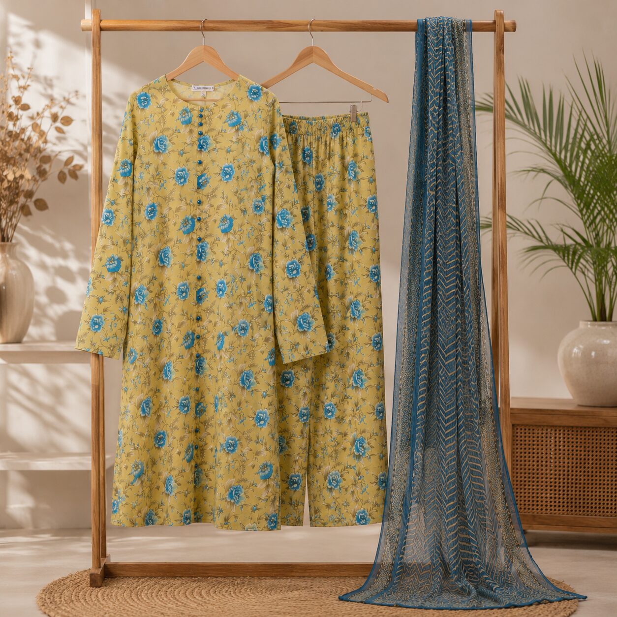 Beautiful Yellow Floral Printed 3-Piece Suit