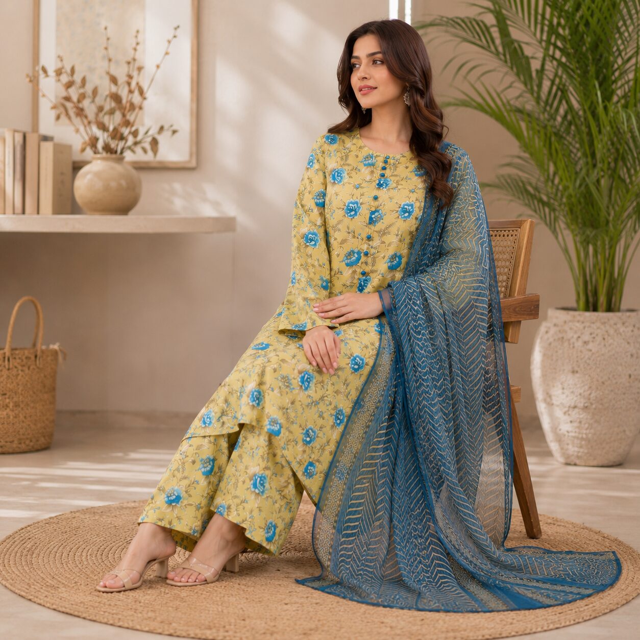 Beautiful Yellow Floral Printed 3-Piece Suit - Image 5