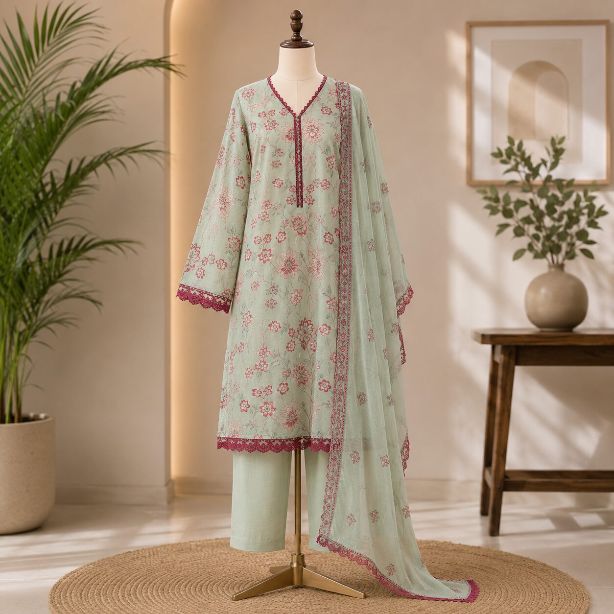 Elegant Mint Green Embroidered 3-Piece Suit