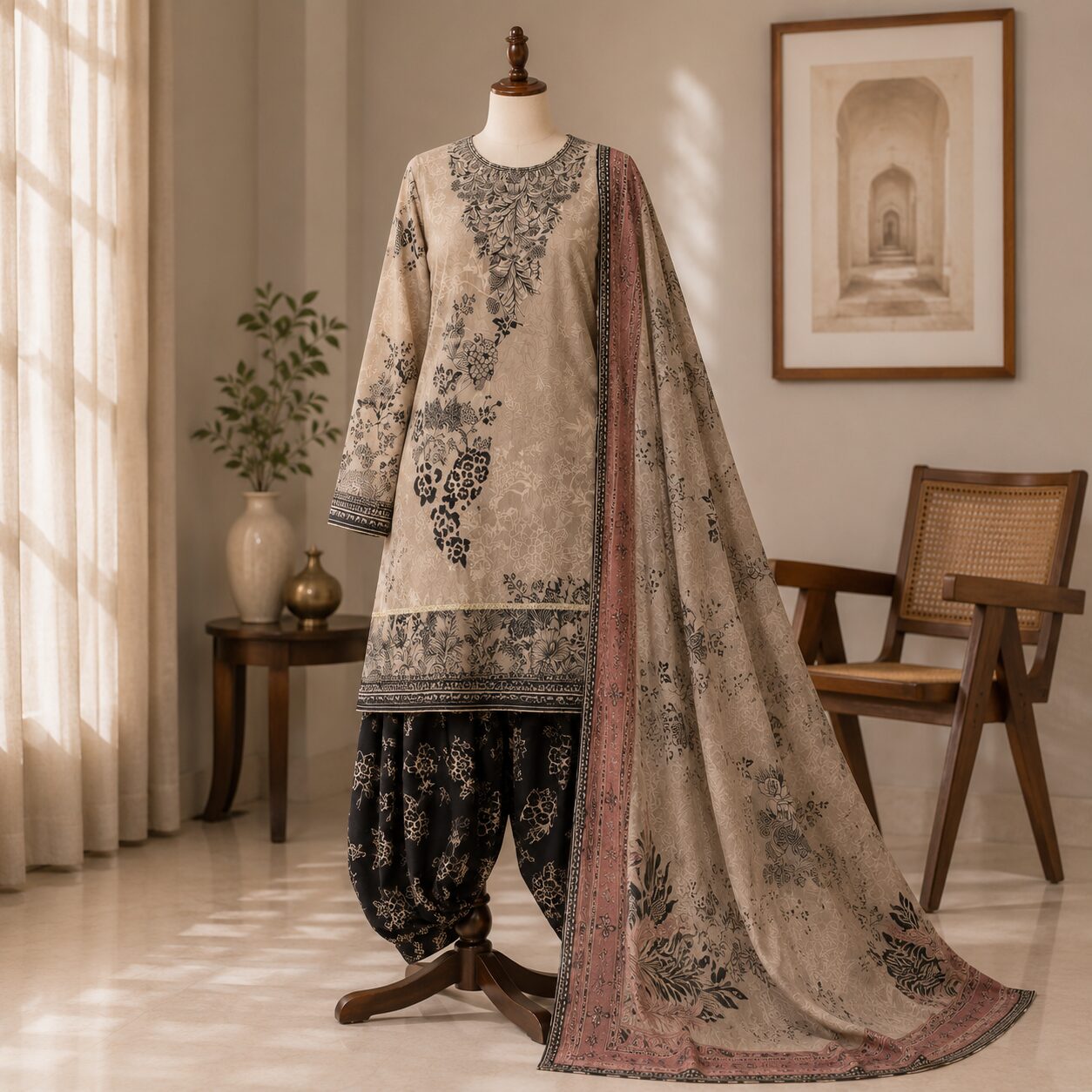 Elegant Skin With Black Printed 3 Piece Lawn Suit
