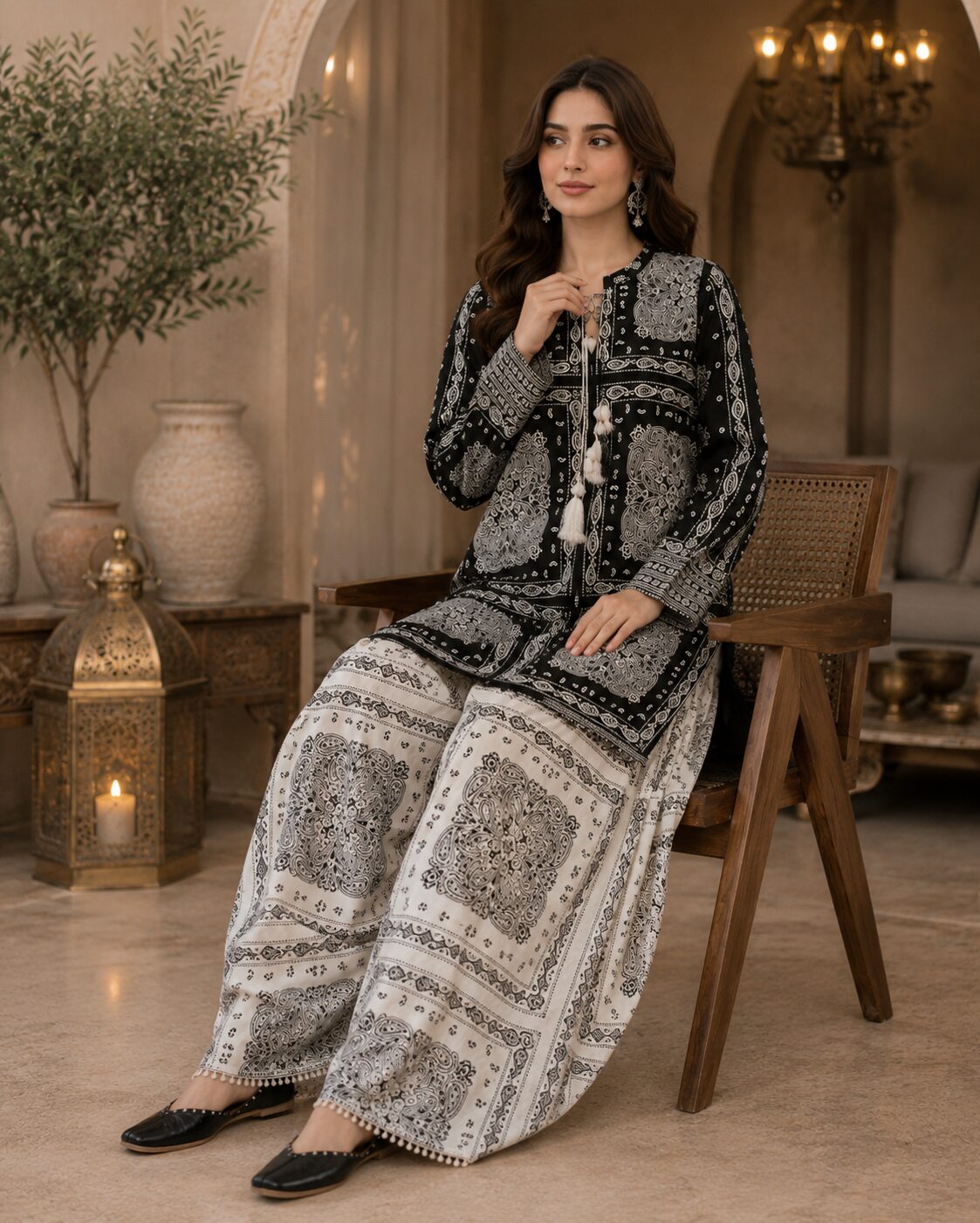 Black With White Printed 2 Piece Lawn Suit - Image 3