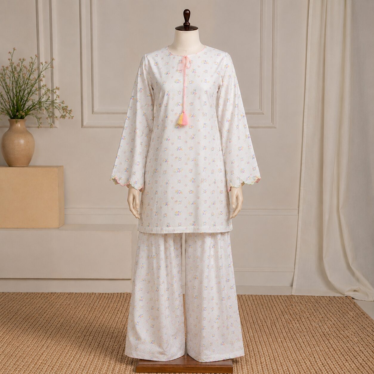 White  Printed 2 Piece Pink & Blue Floral Lawn Suit