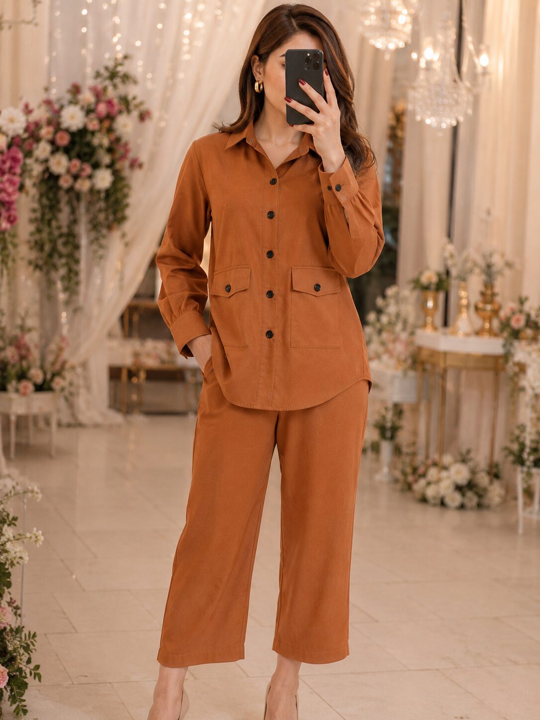 Elegant Brown Co-Ord Set with Open Style For Woman - Image 2