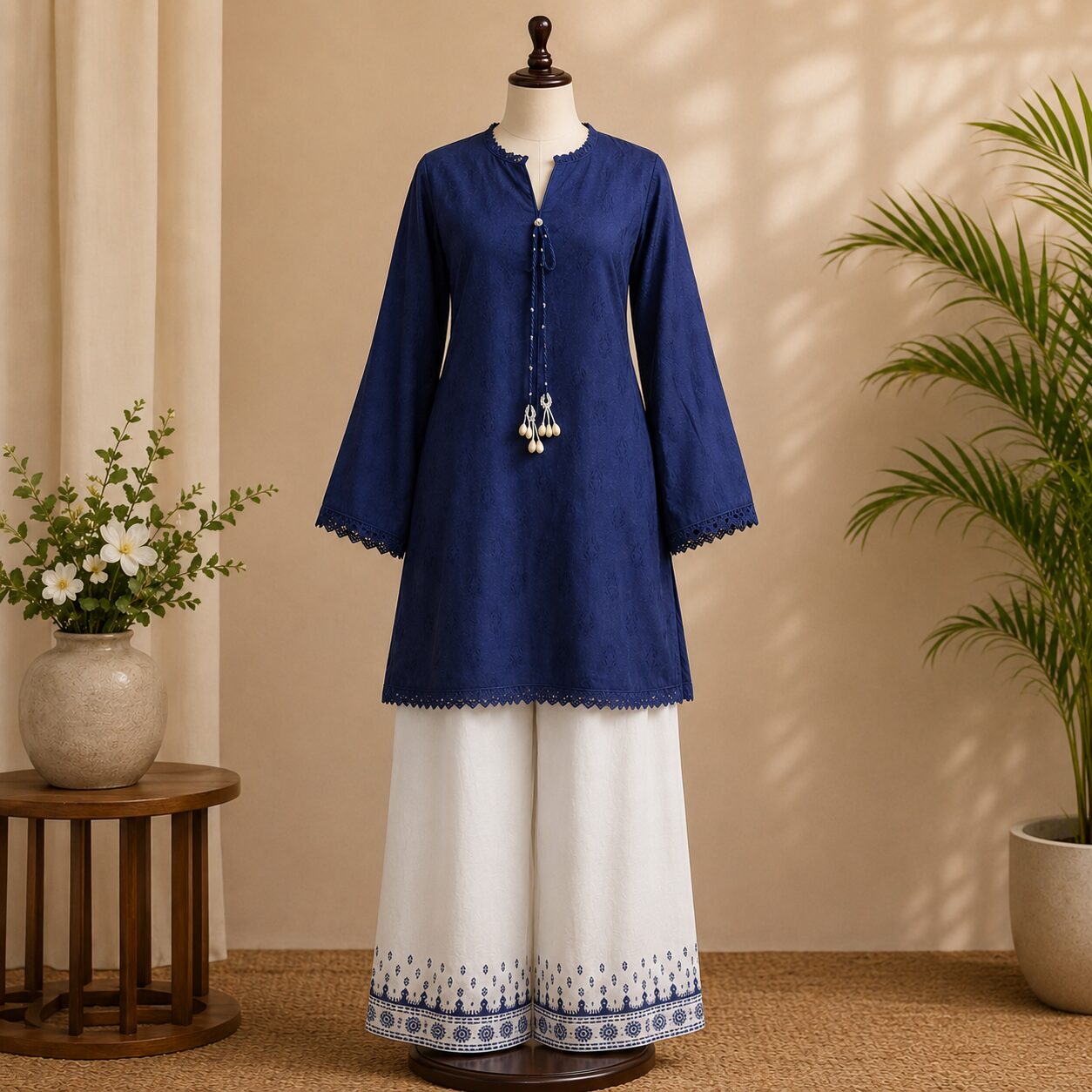Navy Blue 2 Piece Lawn Suit with White Palazzo