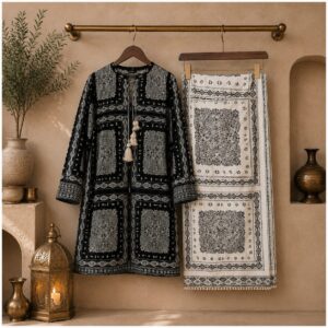 Black With White Printed 2 Piece Lawn Suit