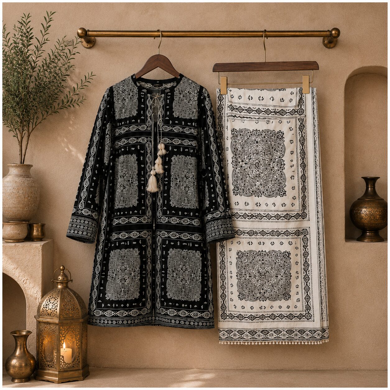 Black With White Printed 2 Piece Lawn Suit