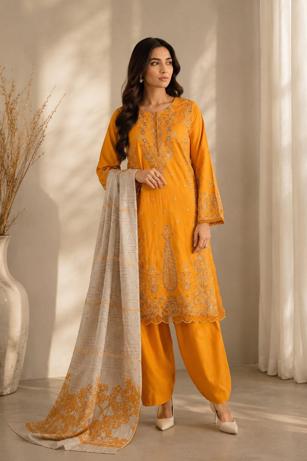 Mustard Yellow Embroidered Unstitched Women’s Suit - Image 4