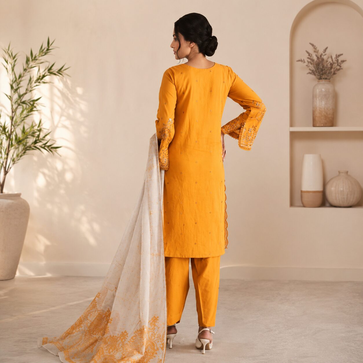 Mustard Yellow Embroidered Unstitched Women’s Suit - Image 3
