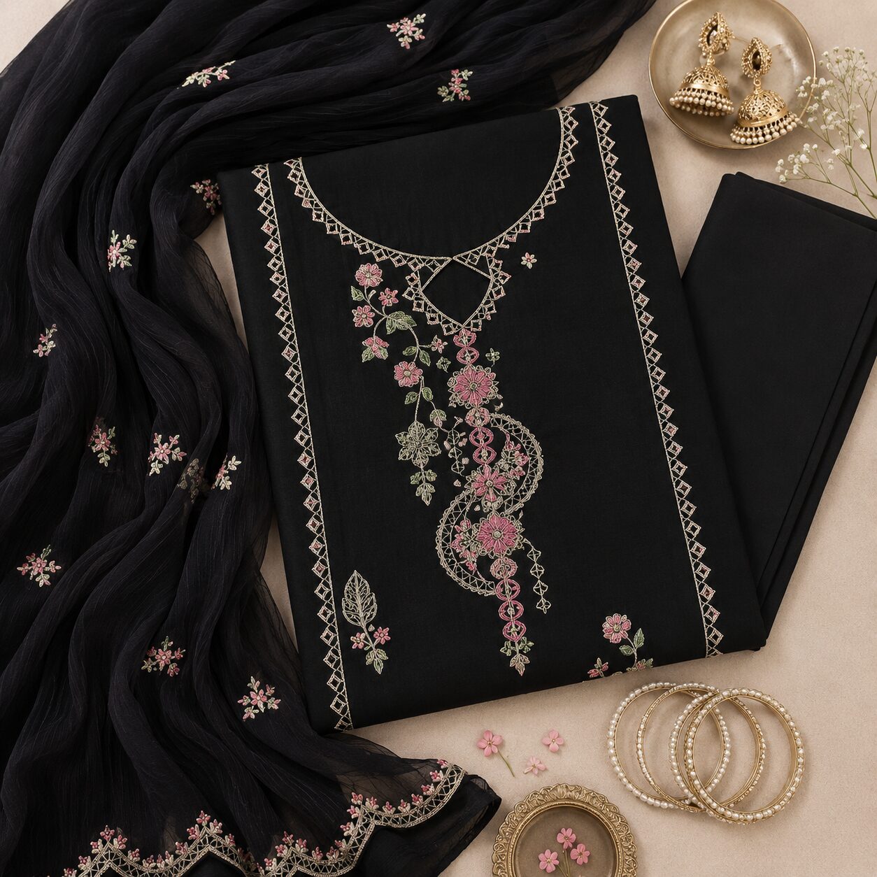 3 Piece Black Dyed Embroidered Lawn Suit with Embroidered