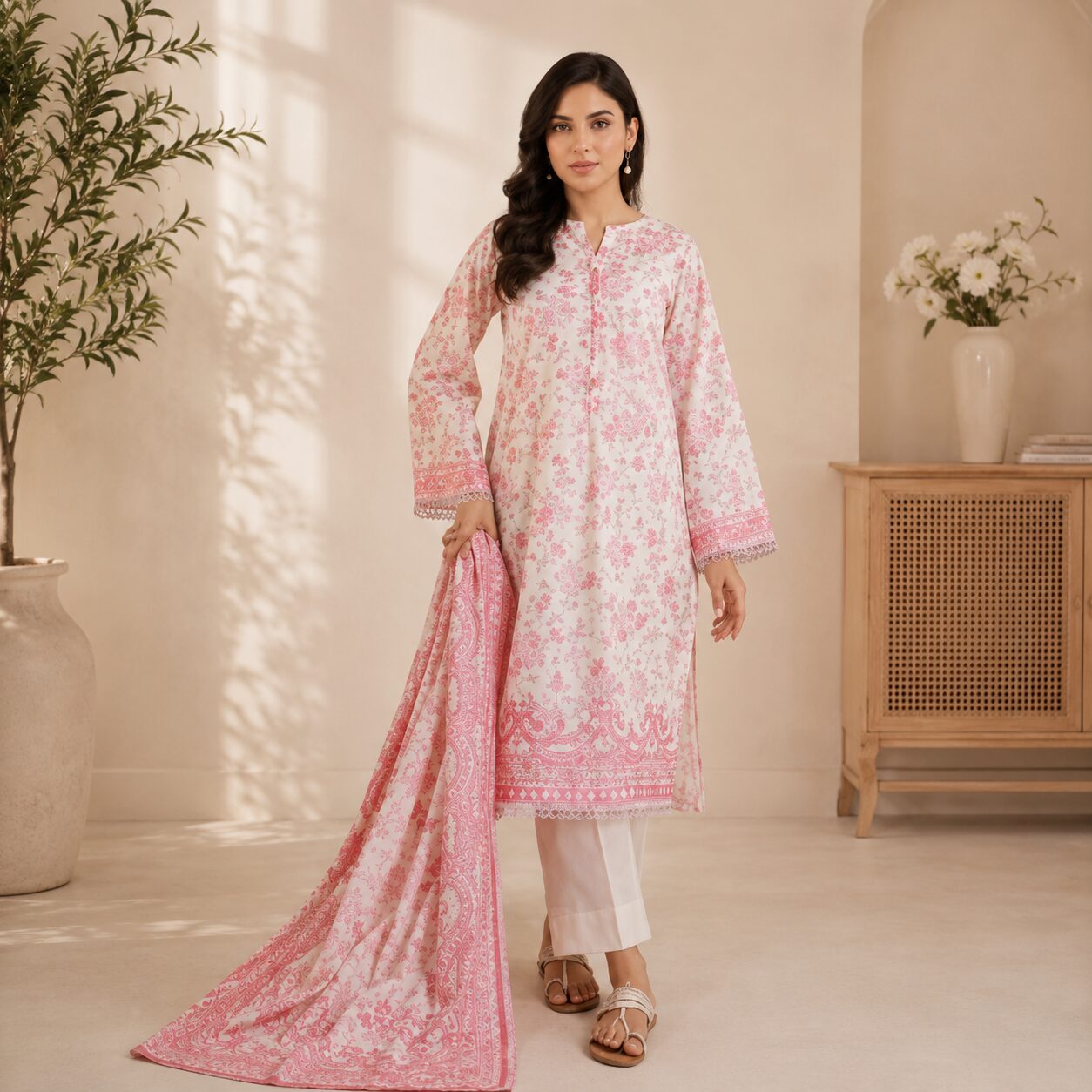 White Base Multicolour Digital Printed Embroidered Unstitched 3-Piece - Image 3