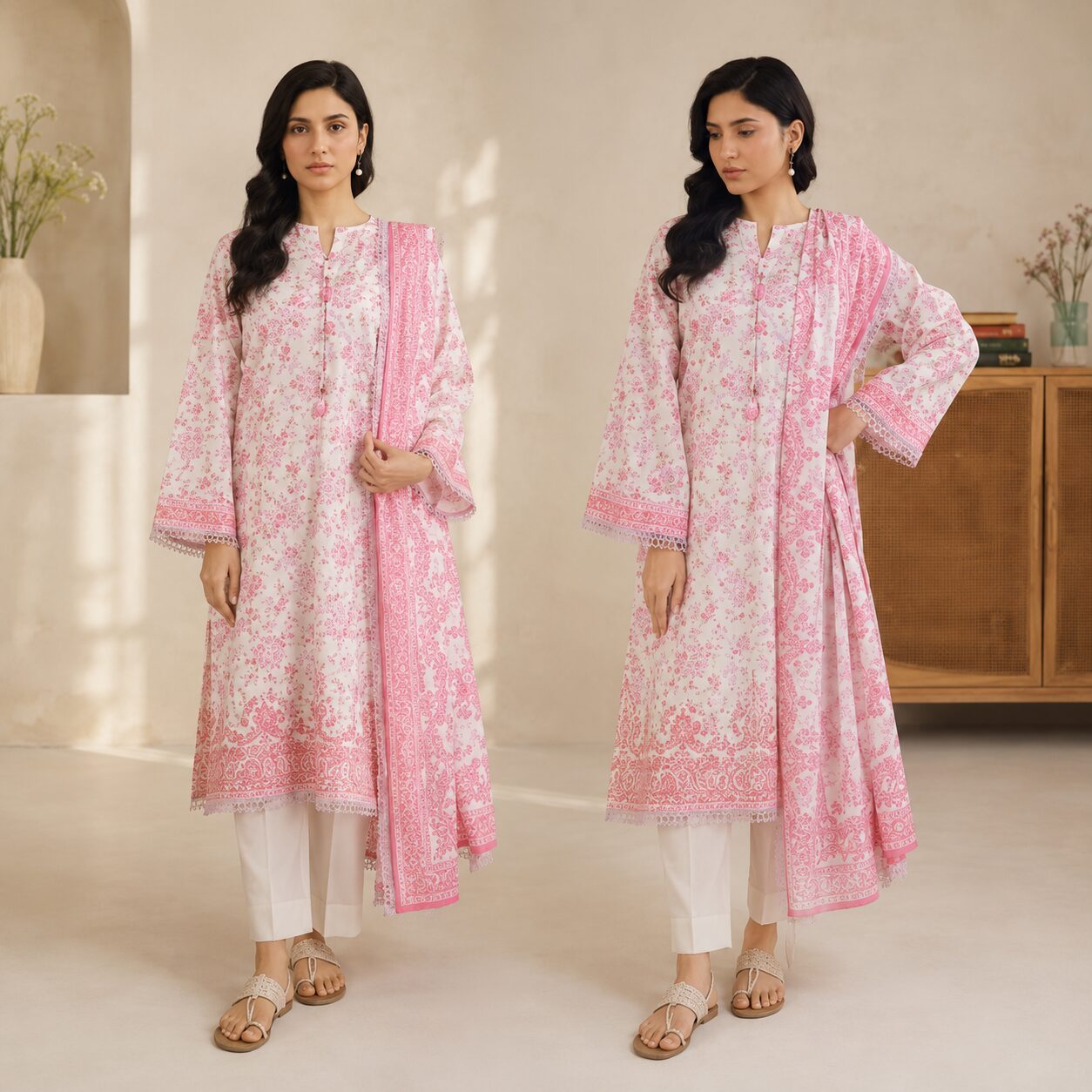 White Base Multicolour Digital Printed Embroidered Unstitched 3-Piece - Image 2