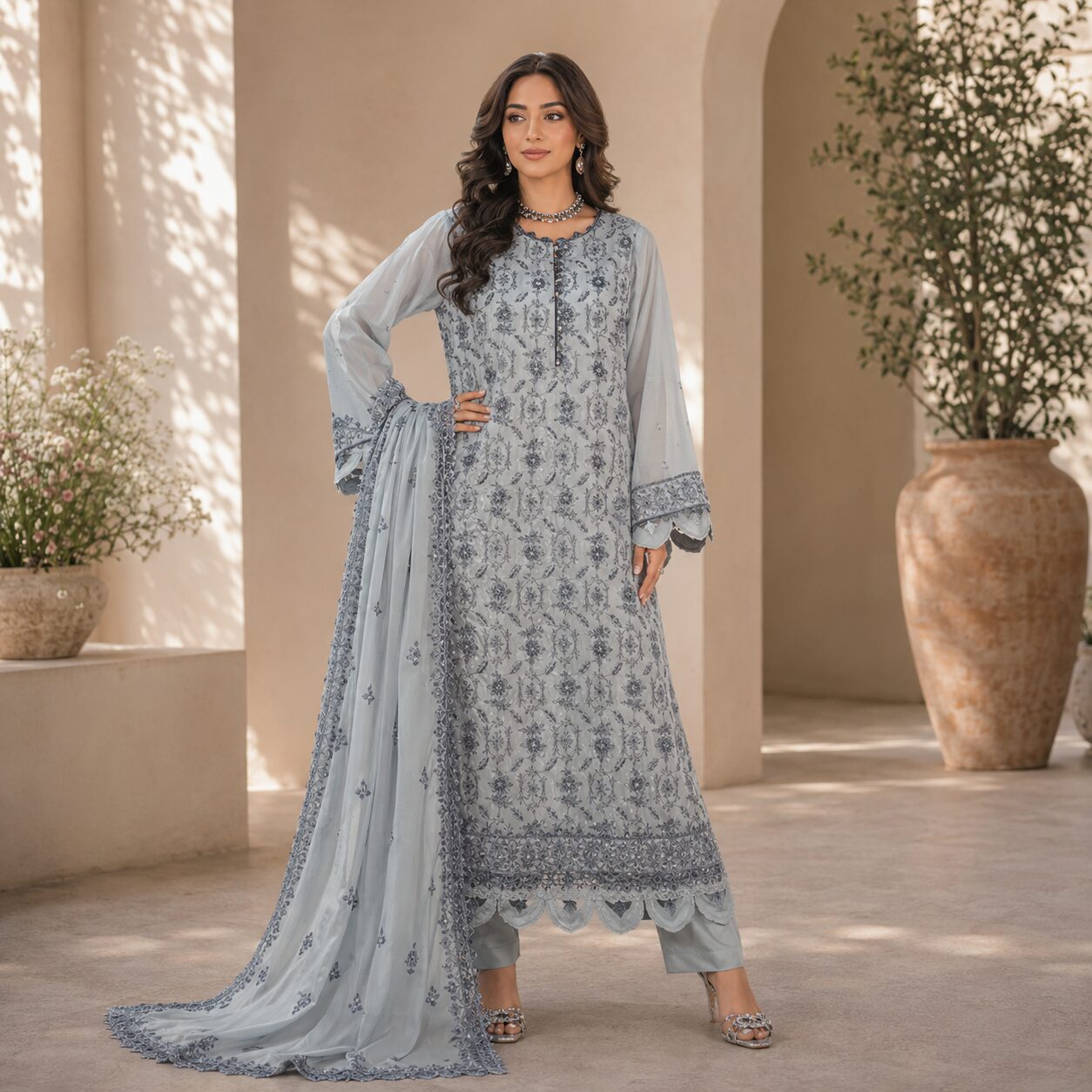Sage Green Fully Embroidered Unstitched 3-Piece Suit - Image 4
