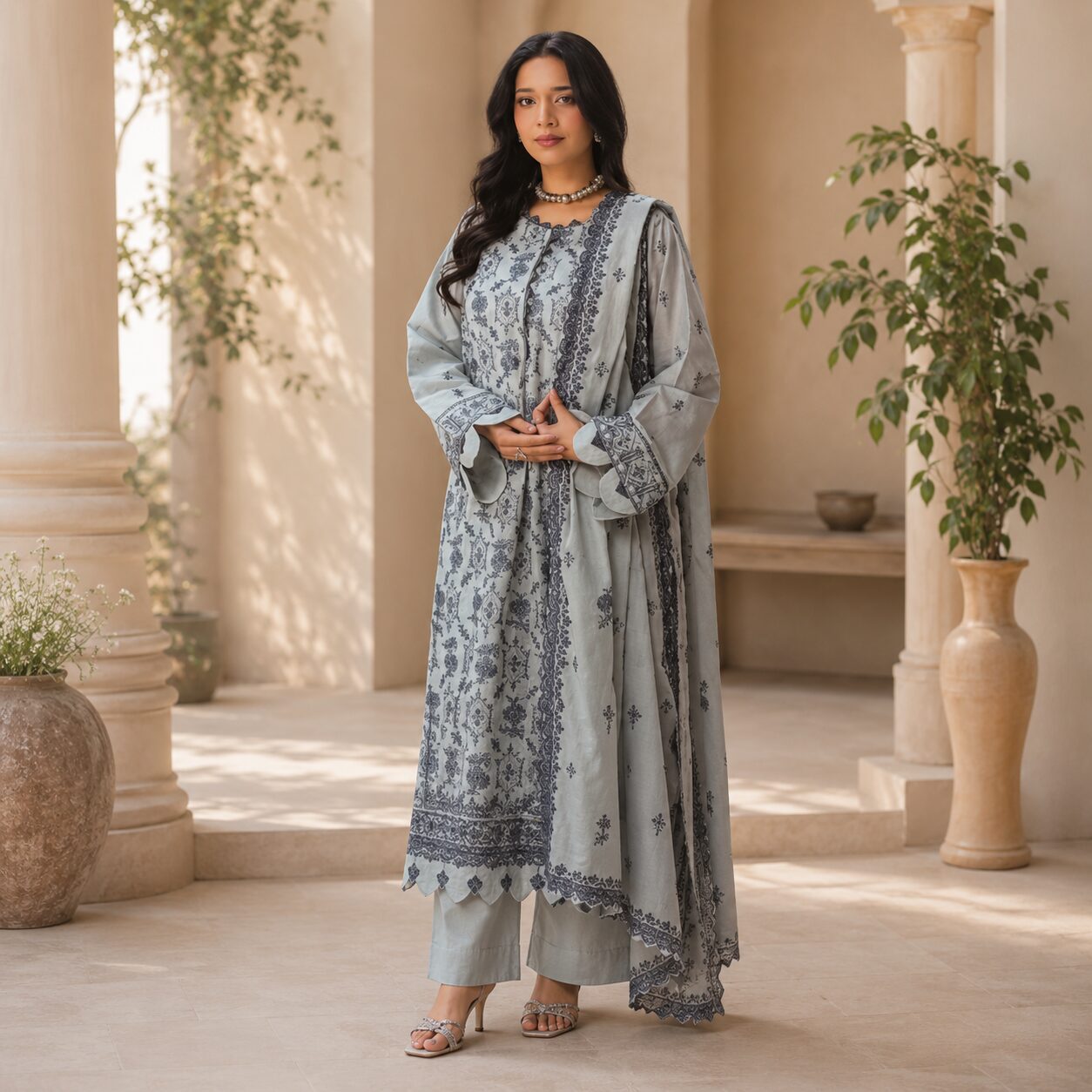 Sage Green Fully Embroidered Unstitched 3-Piece Suit - Image 3