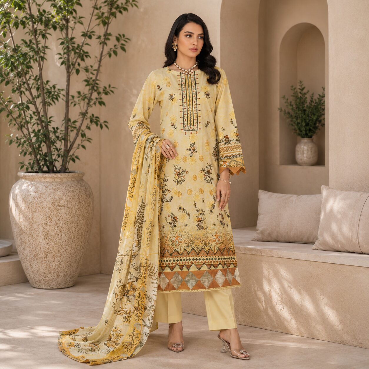 Yellow Sequin Embroidered Unstitched 3-Piece Suit - Image 2