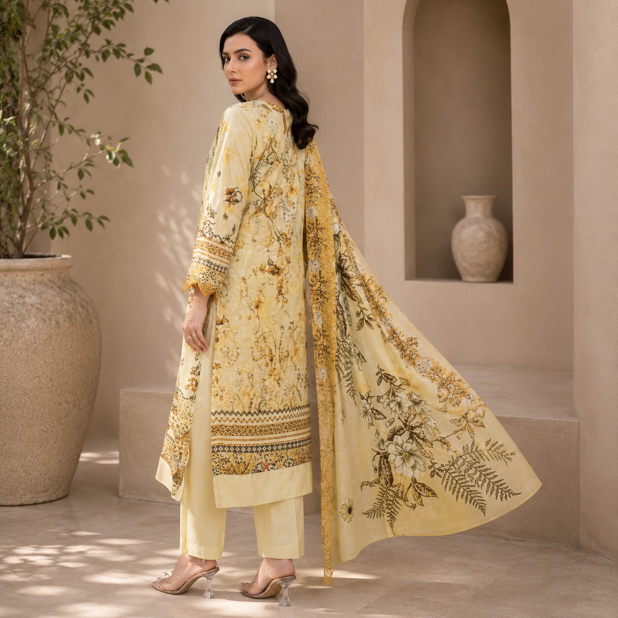 Yellow Sequin Embroidered Unstitched 3-Piece Suit - Image 3
