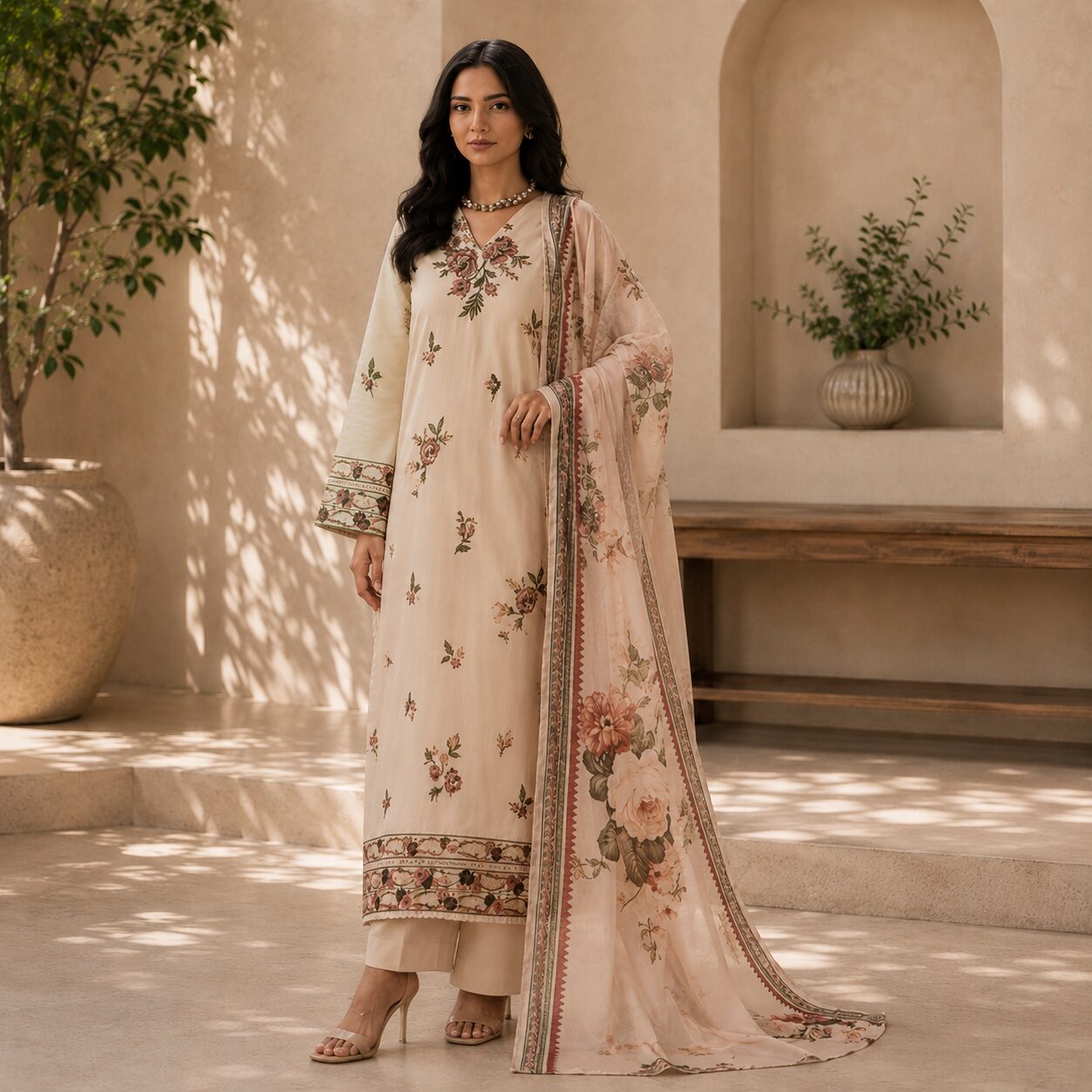 Skin Colour Sindhi Embroidered Unstitched 3-Piece