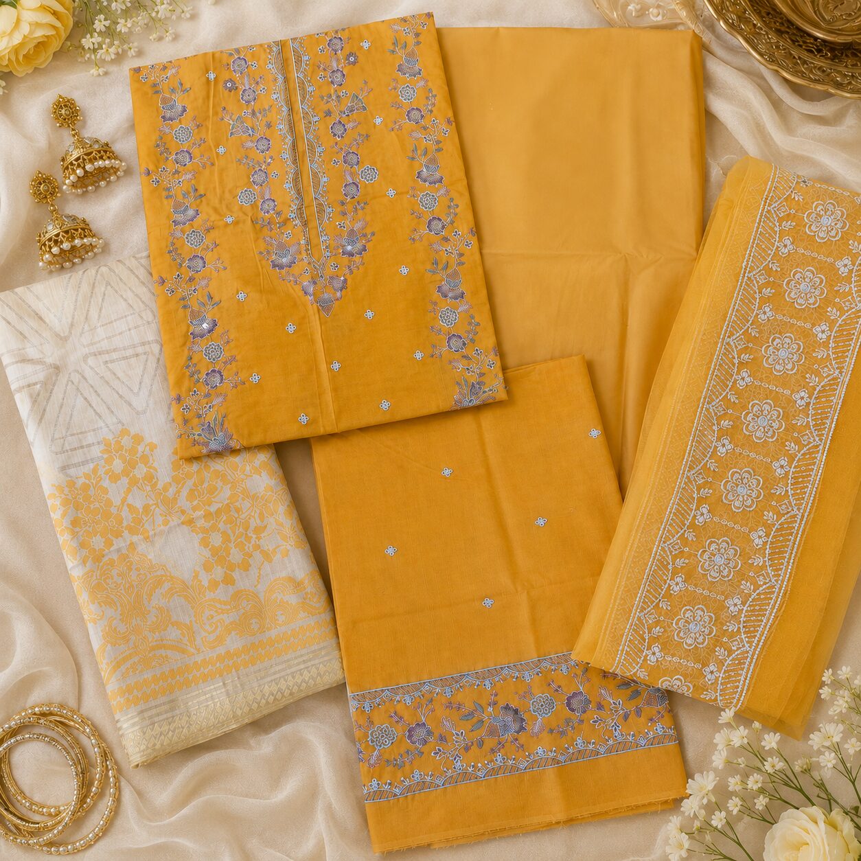 Mustard Yellow Embroidered Unstitched Women’s Suit