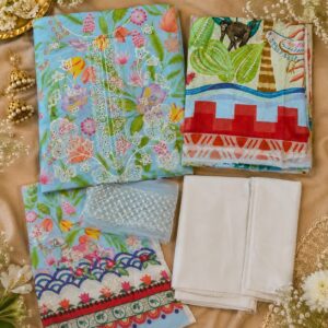 Blue Multicolour Embroidered Digital Printed Unstitched 3-Piece