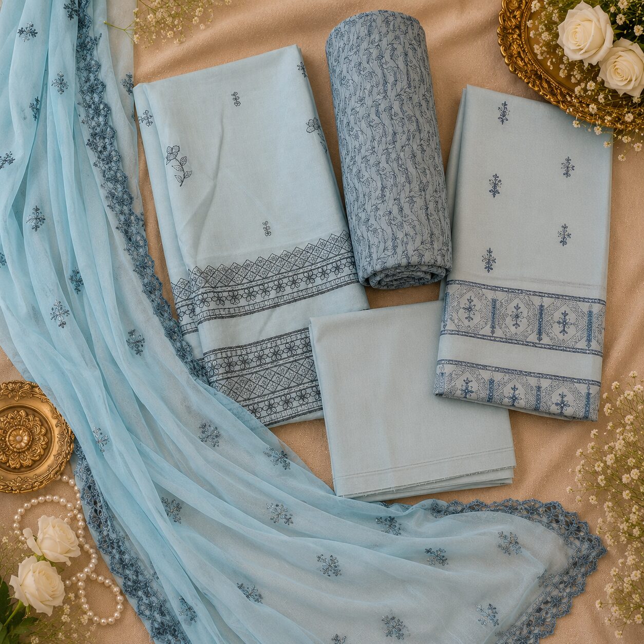 Blue Fully Embroidered Unstitched 3-Piece Suit