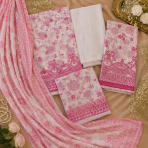 White Base Multicolour Digital Printed Embroidered Unstitched 3-Piece