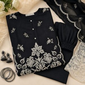Premium Black 3-Piece Embroidered Lawn Suit for Women