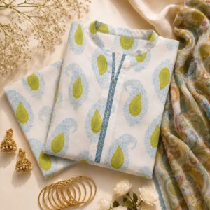 Premium 3 Piece Printed Lawn Suit with Chiffon Dupatta – White & Green Paisley Motif (Copy)