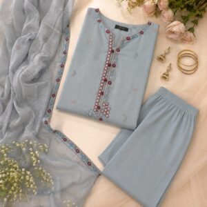 3 Piece Lawn Suit – Tempered Gray | Embroidered Shirt