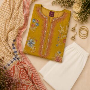 Premium Mustard 3-Piece Embroidered Lawn Suit for Women – Multi-Color Computerized Embroidery