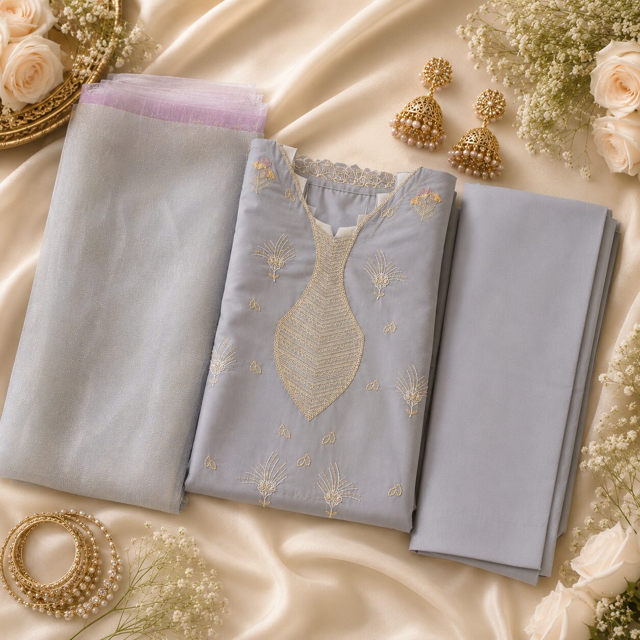 Luxury Grey 3 Piece Embroidered Suit