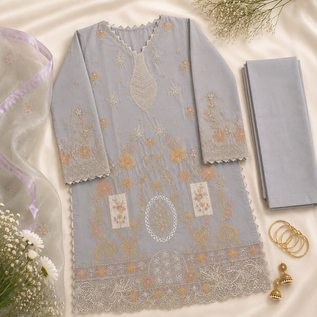 Luxury Grey 3 Piece Embroidered Suit - Image 2