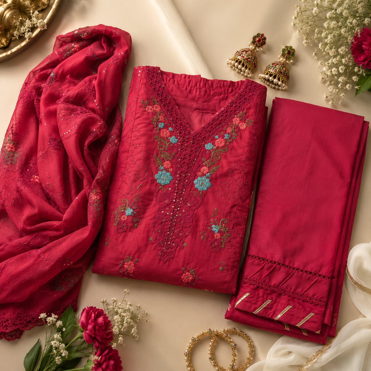 Red 3 Piece Sequins Embroidered Suit for woman