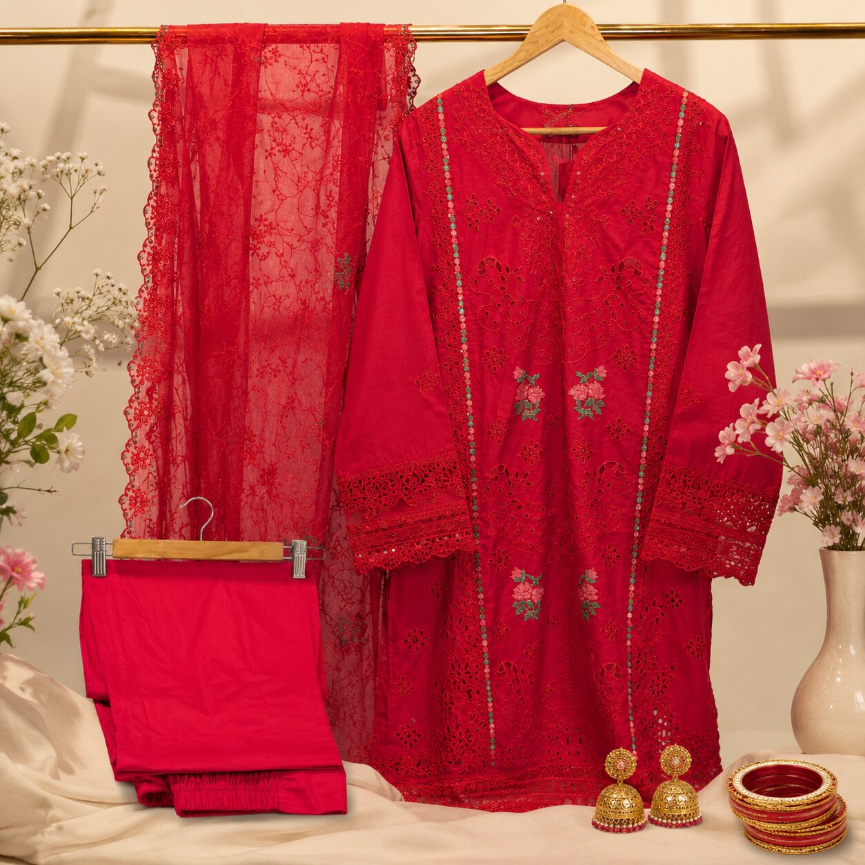 Luxury Scarlet Red 3 Piece Embroidered Suit - Image 2
