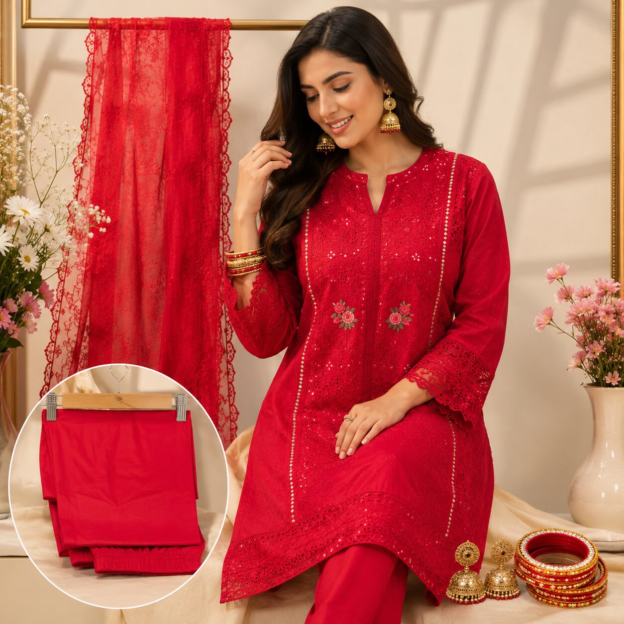 Luxury Scarlet Red 3 Piece Embroidered Suit