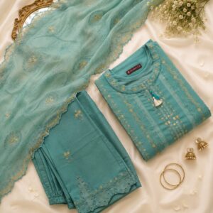 Luxury Aqua Blue 3 Piece Heavy Embroidered Lawn Suit