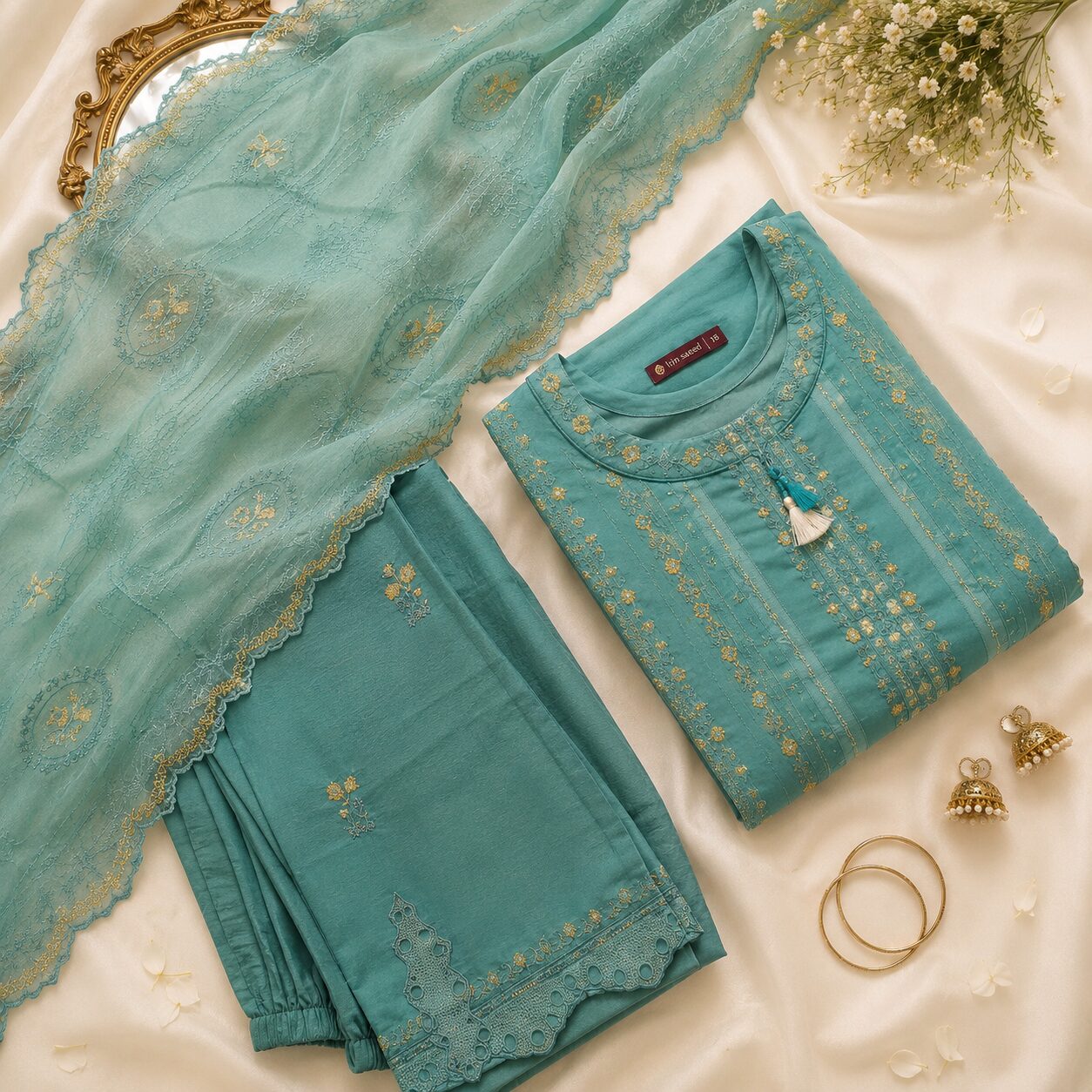 Luxury Aqua Blue 3 Piece Heavy Embroidered Lawn Suit