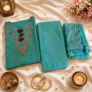 Luxury Aqua Green 3 Piece Heavy Embroidered Fine Lawn Suit