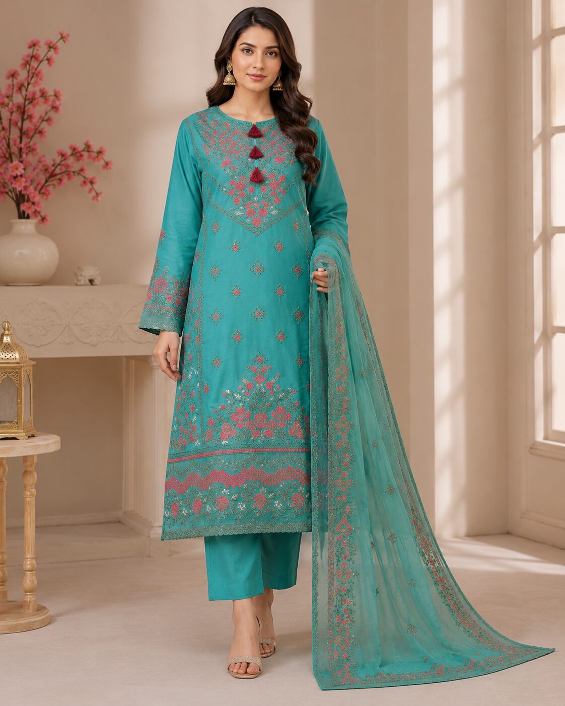 Luxury Aqua Green 3 Piece Heavy Embroidered Fine Lawn Suit - Image 4