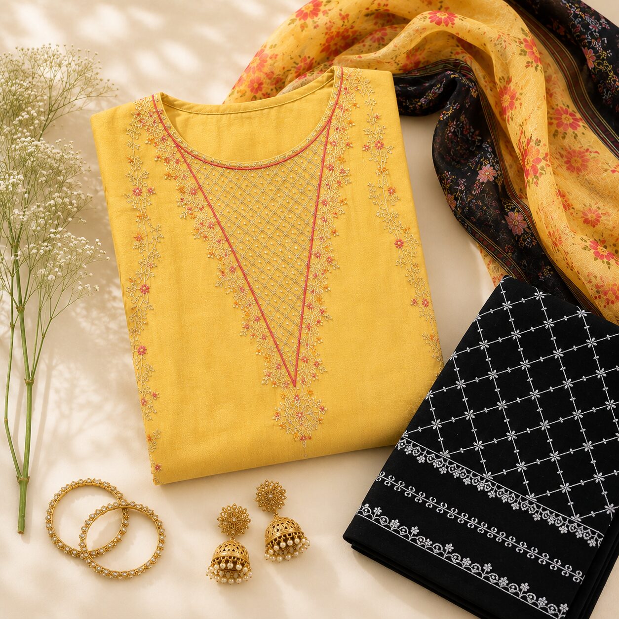 Luxury Yellow 3 Piece Embroidered Suit for woman