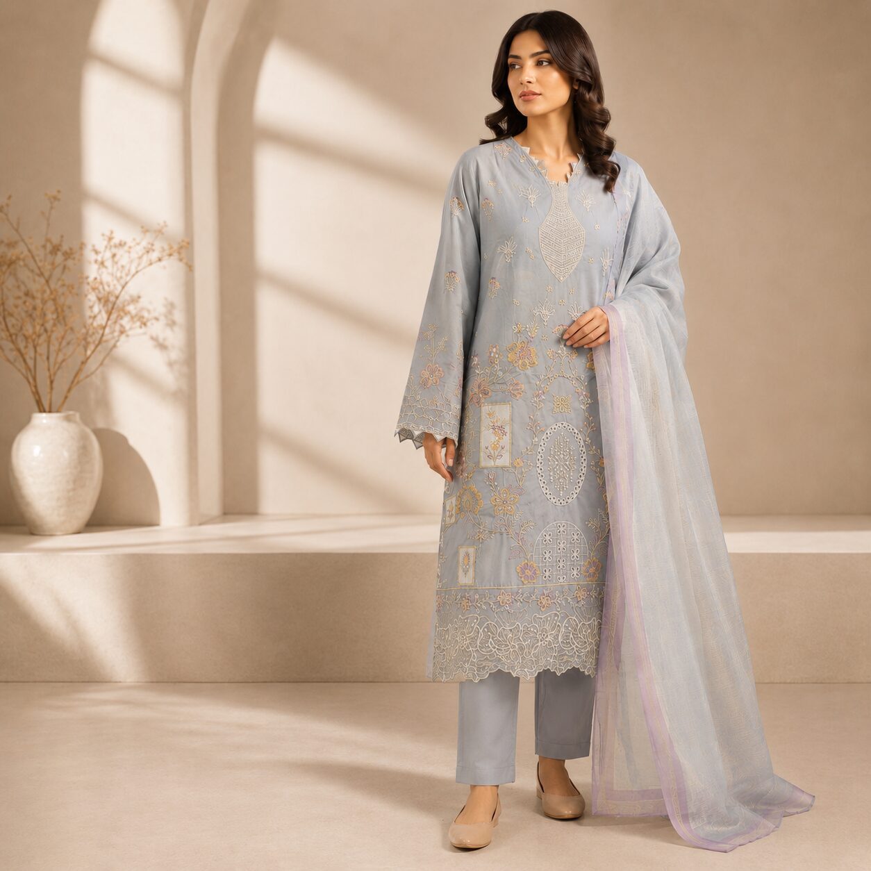 Luxury Grey 3 Piece Embroidered Suit - Image 3