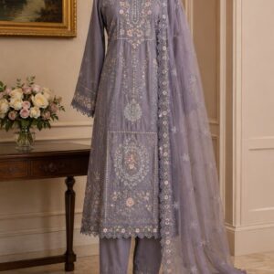 Pearl Grey Luxury Net Embroidered 3 Piece Suit