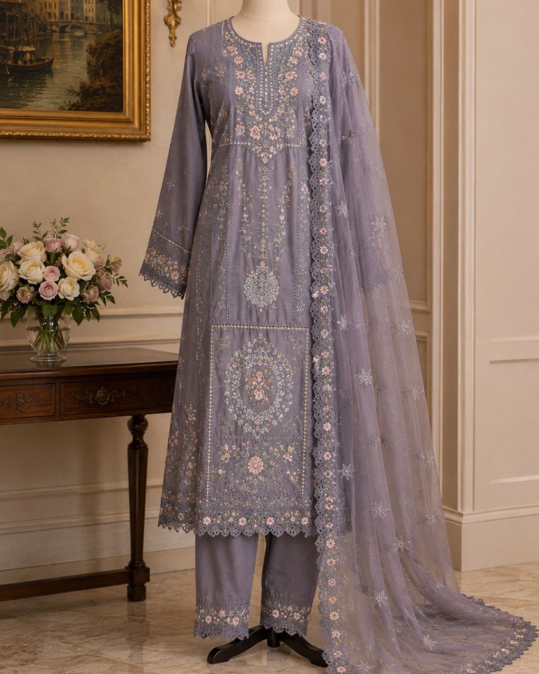 Pearl Grey Luxury Net Embroidered 3 Piece Suit