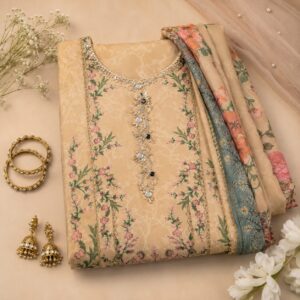 Premium 3 Piece Beige Printed Lawn Suit with Mirror Embellished Neckline