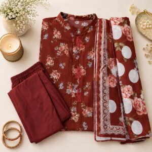 Premium 3 Piece Brown Floral Printed Fine Lawn Suit with Fine Lawn Dupatta