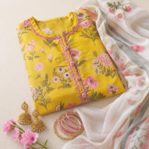 Premium 3 Piece Mustard Yellow Printed Lawn Suit with Chiffon Dupatta | Floral Print