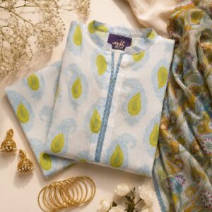 Premium 3 Piece Printed Lawn Suit with Chiffon Dupatta – White & Green Paisley Motif