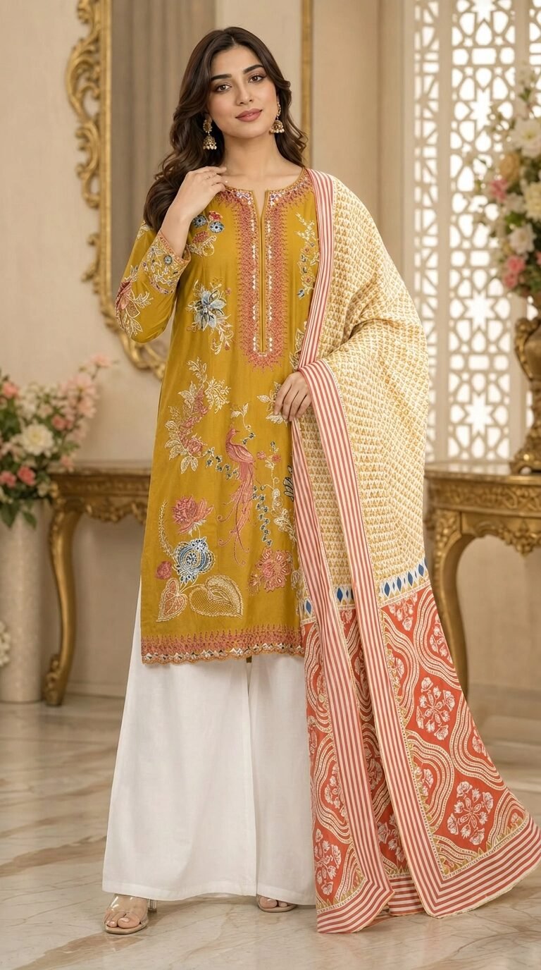 Premium Mustard 3-Piece Embroidered Lawn Suit - Image 3