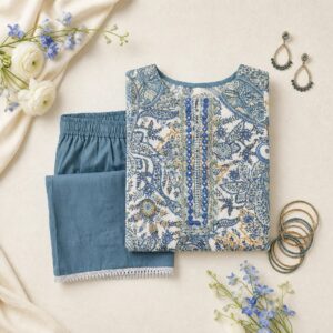 Premium White & Blue Embroidered 2-Piece Suit