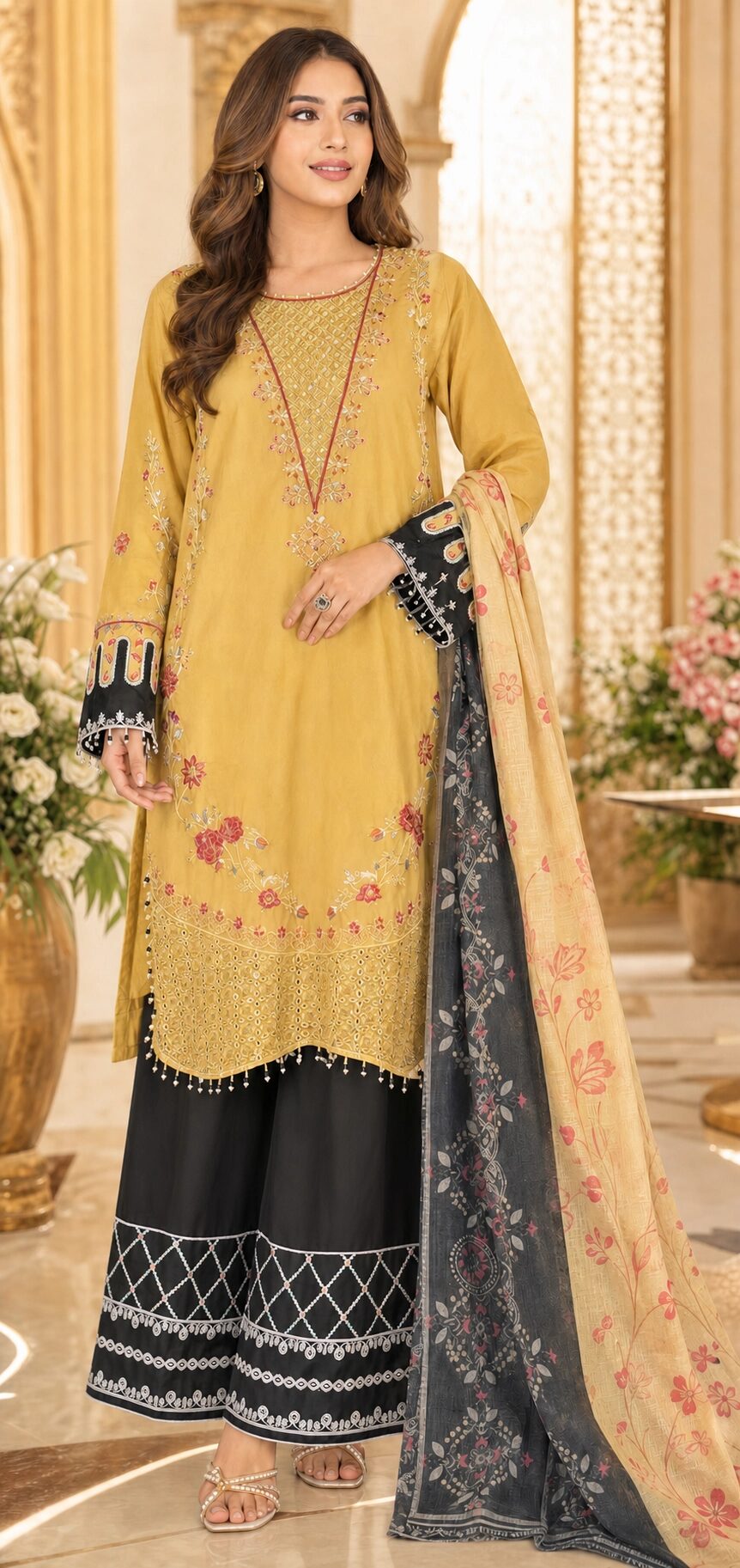 Luxury Yellow 3 Piece Embroidered Suit for woman - Image 2