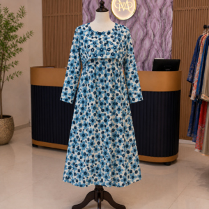 White Frock with Blue Prints & Mirror Work Jacket