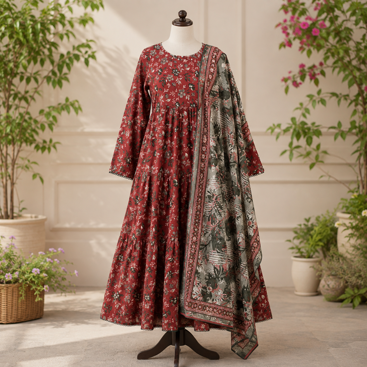 2-Piece Printed Soft Lawn Frill Frock For Woman